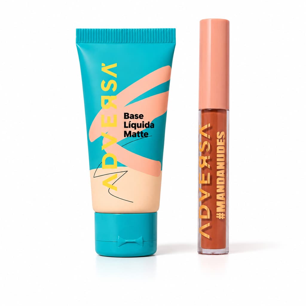 Kit Base Líquida Adversa Tom 050 + Batom Líquido Probleminha Manda Nudes Vegano Matte Alta Cobertura
