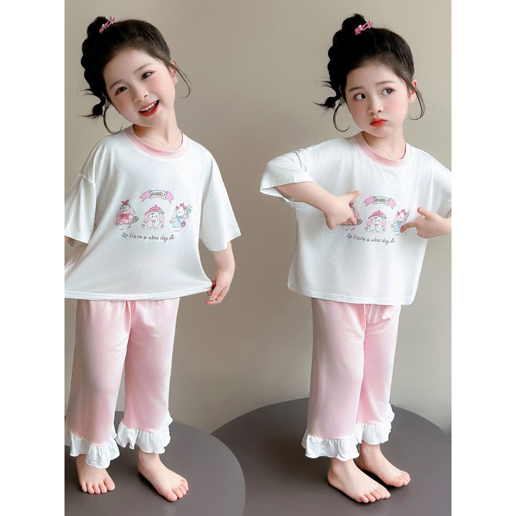 Pijamas infantis verão fino menina Modal Split terno verão bebê menina ar condicionado roupas menina roupas de casa