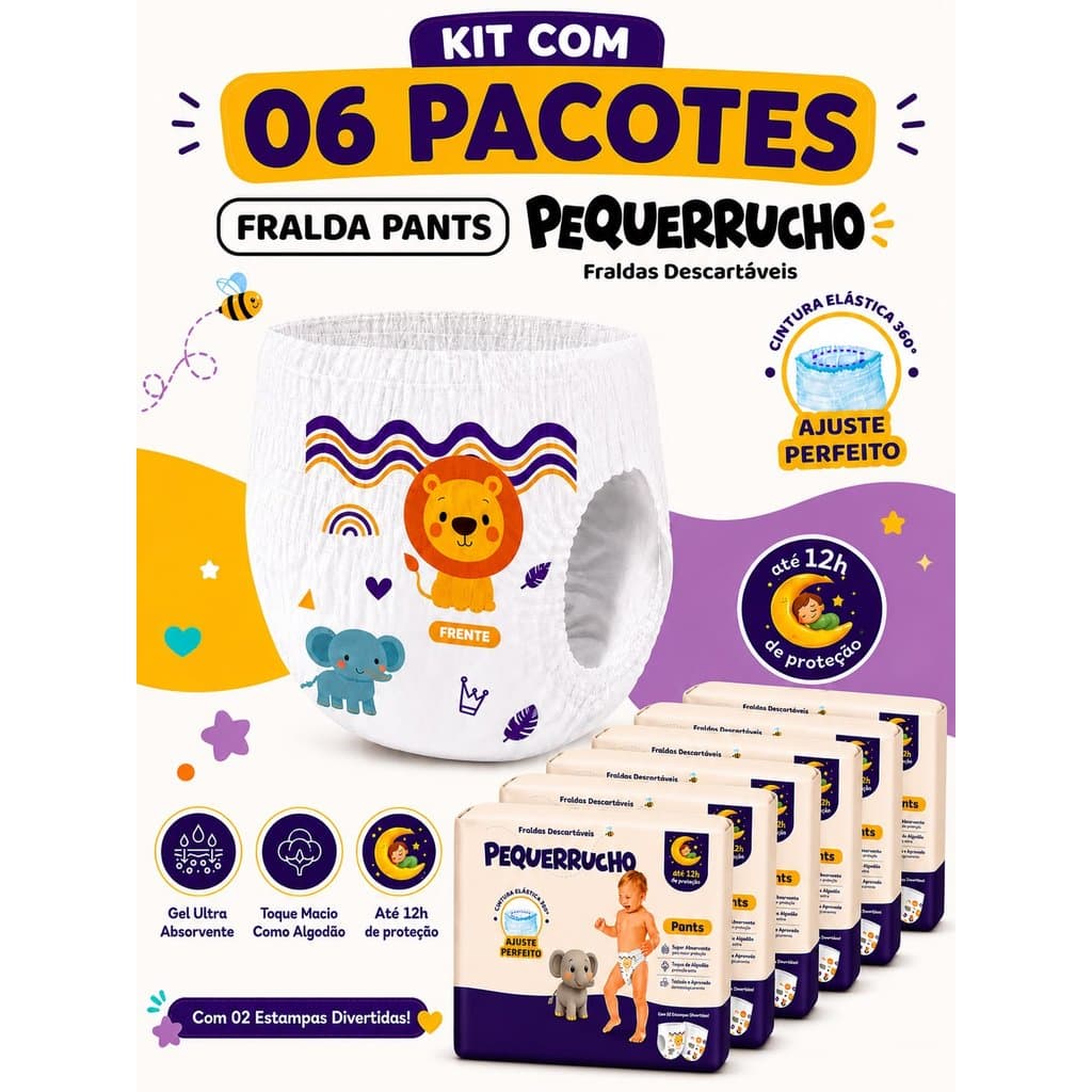 KIT COM 06 PACOTES DE FRALDA INFANTIL PEQUERRUCHO BABY FRALDA CALÇA – JUMBO