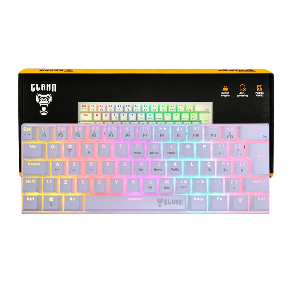 Teclado Gamer Mecânico CLANM Snow Walker 60% Branco ABNT2 RGB Hot Swap Switch Red Anti-Ghosting USB