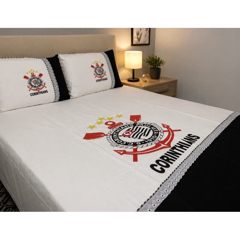 Jogo de Cama Casal Pintado com Fronhas Lençol Colcha de Barra Futebol Brasileiro Corin