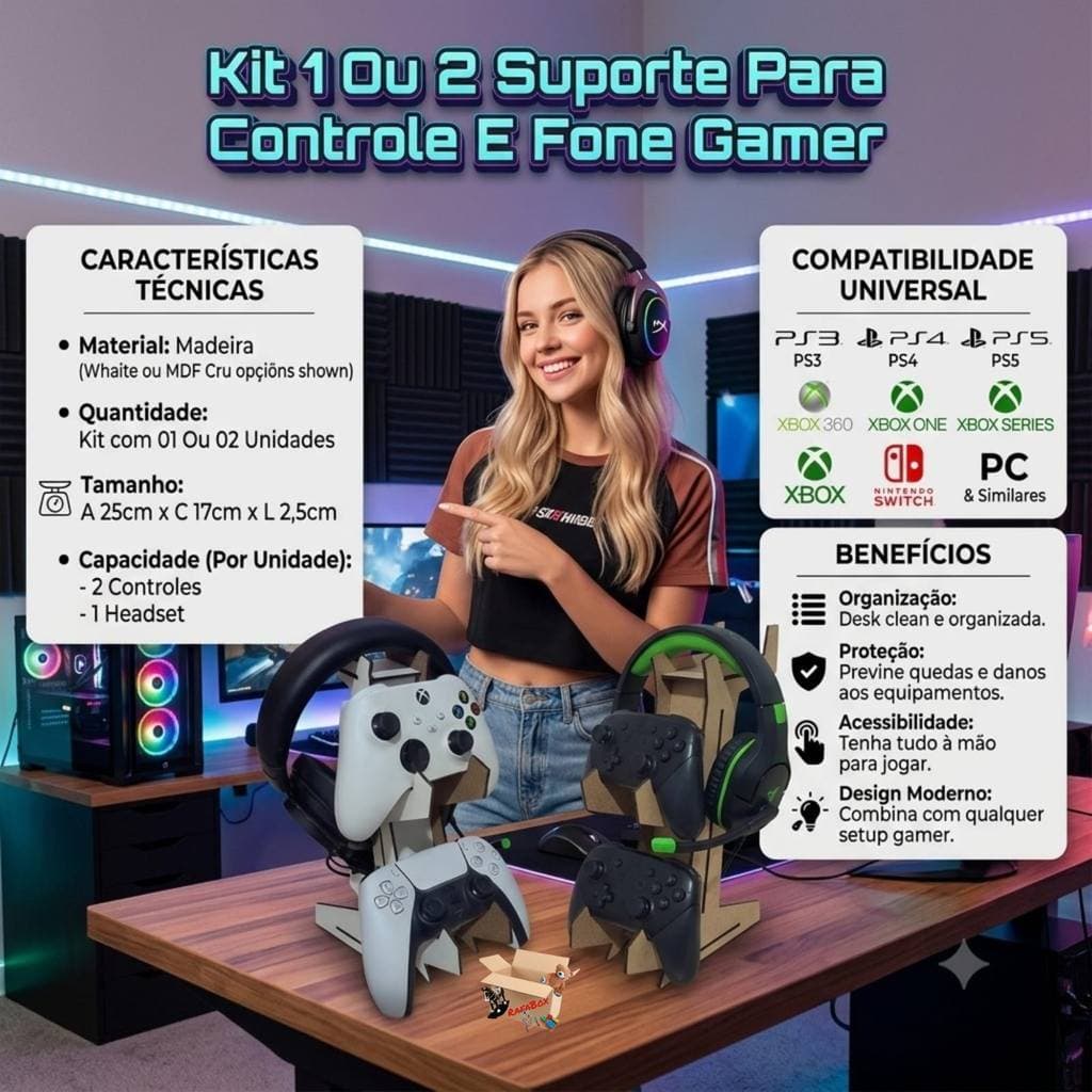 Kit Suporte Porta Controle E Fone Headset Videogame Gamer Para PS4 Xbox PS5 PC