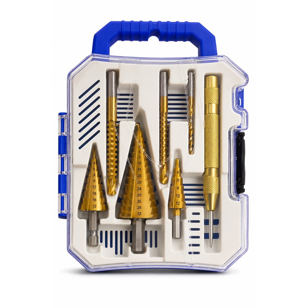 Kit 7 Brocas Escalonada Cone Titânio 4 12 20 32mm Furadeira Parafusadeira Punção Estojo Organizador