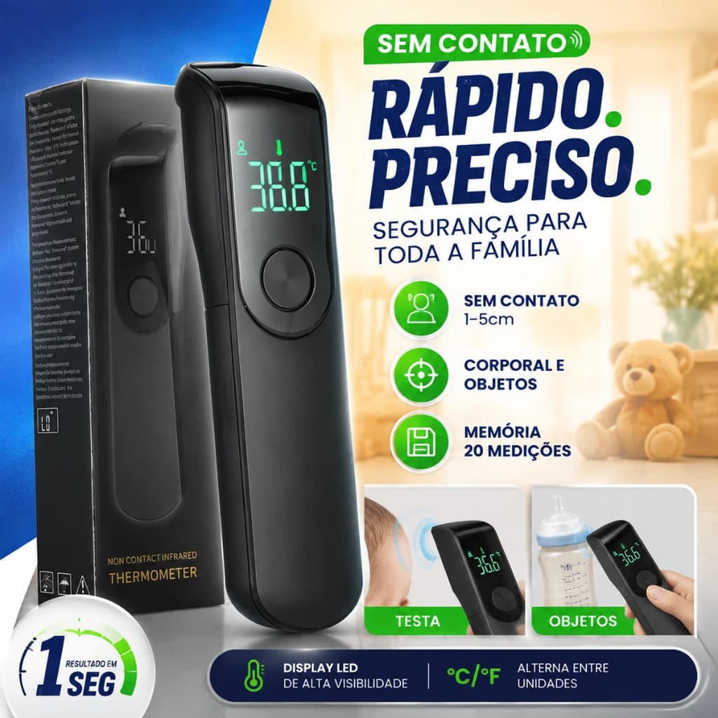 Termômetro Digital Infravermelho Sem Contato Para Testa E Objetos Display LED Portátil