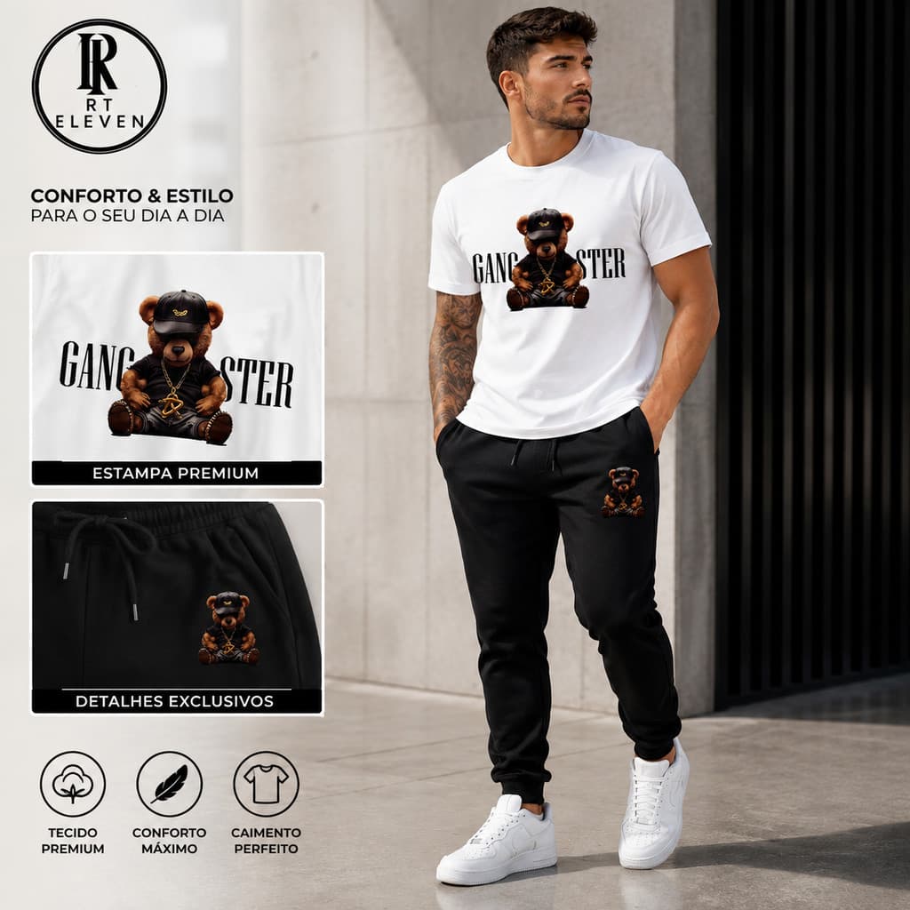 Kit Conjunto Urso Gangster Camiseta e Calça moletom  Moda Streetwear casual Premium  Malha Algodão + calça Moletom