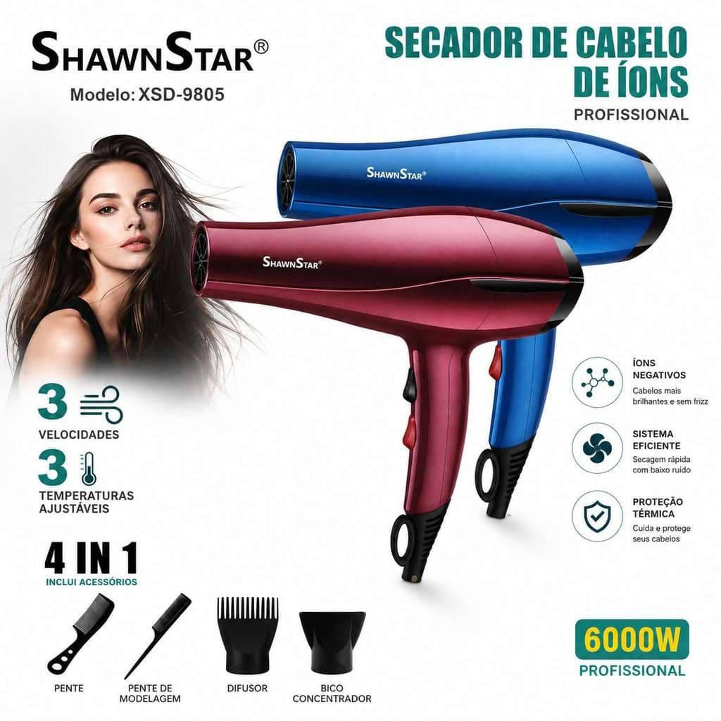Secador de Cabelo Profissional ShawnsStar XSD-9805 6000W Íons 3 Velocidades 3 Temperaturas + 4 Acessórios