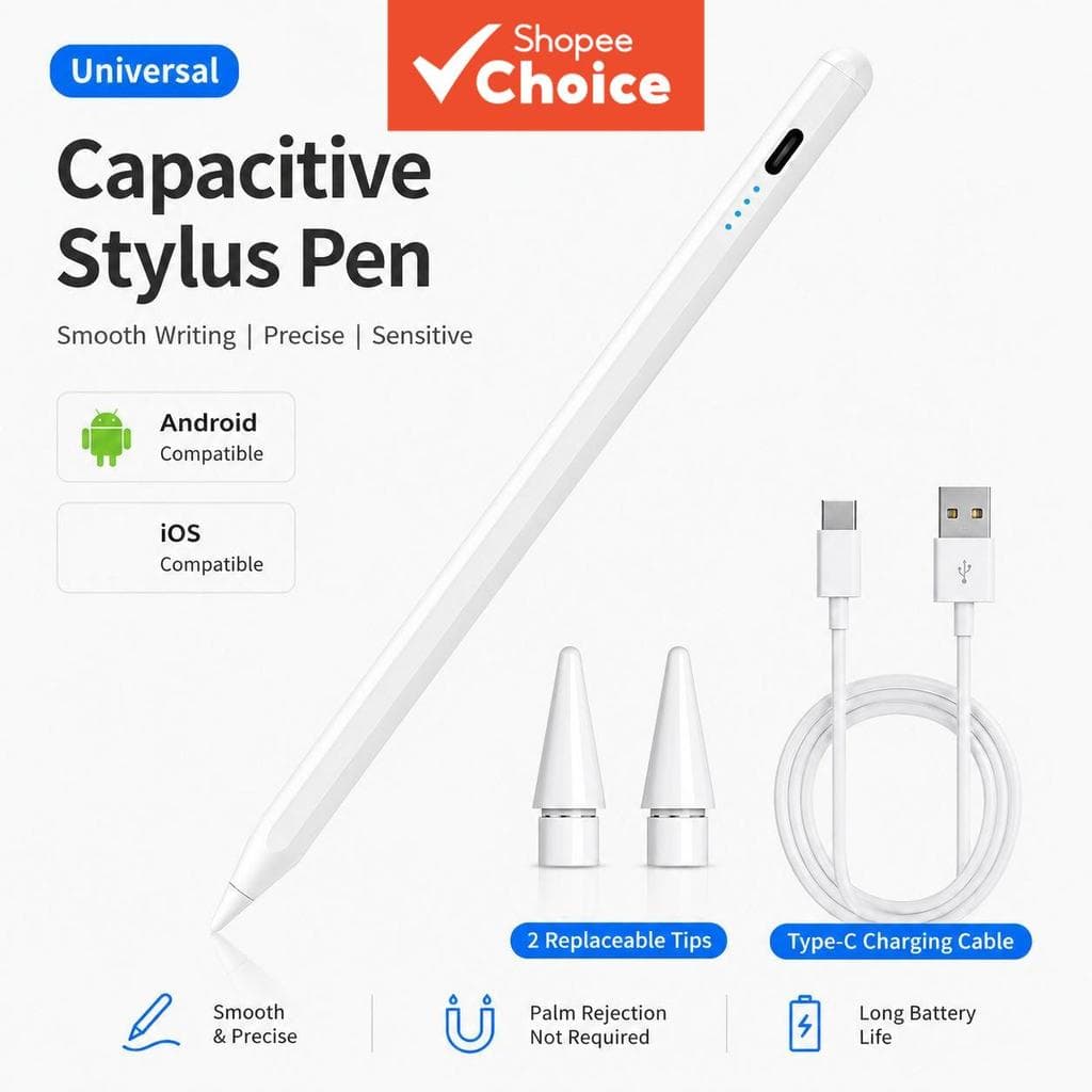 Caneta Stylus Capacitiva Universal Para Android e iOS, Touch Pencil Para Desenho e Anotações em Tablets Huawei, Xiaomi e