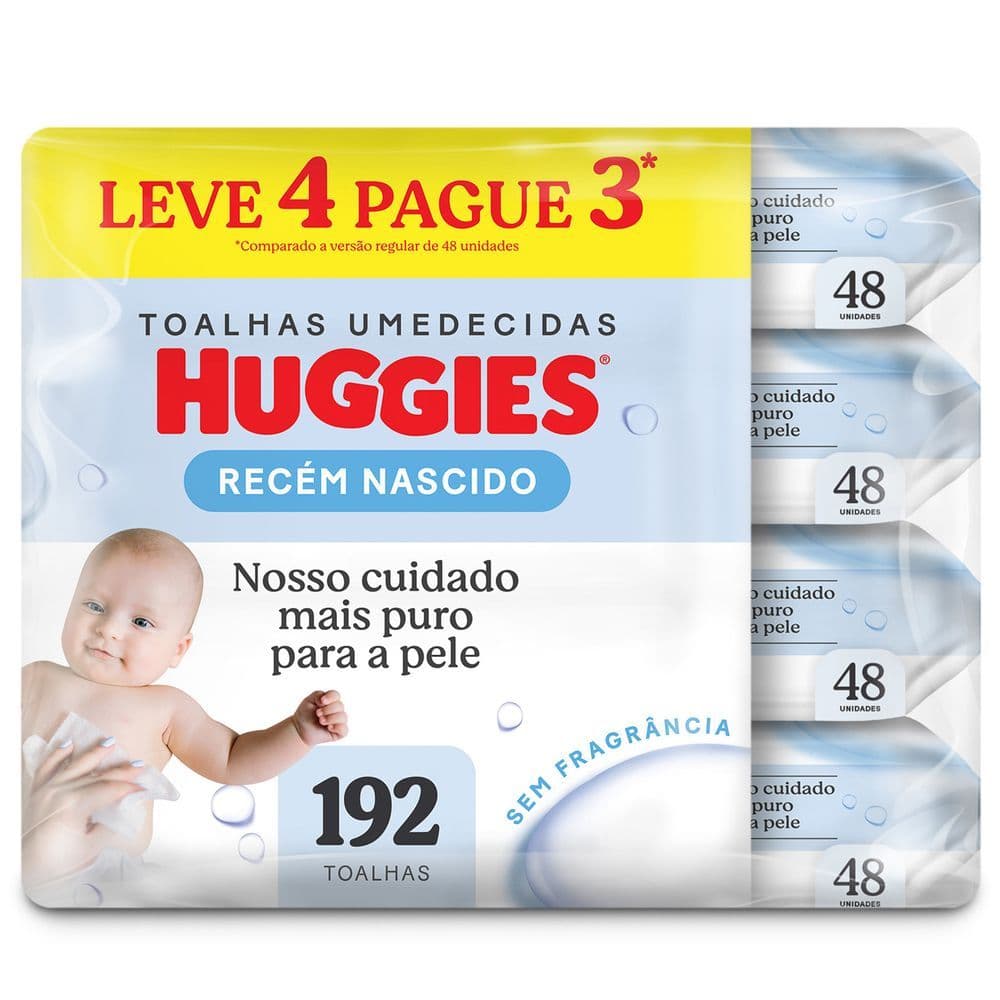 Lenços Umedecidos Huggies Recém Nascido Sem Fragrância com 192 Unidades Leve 4 Pague 3