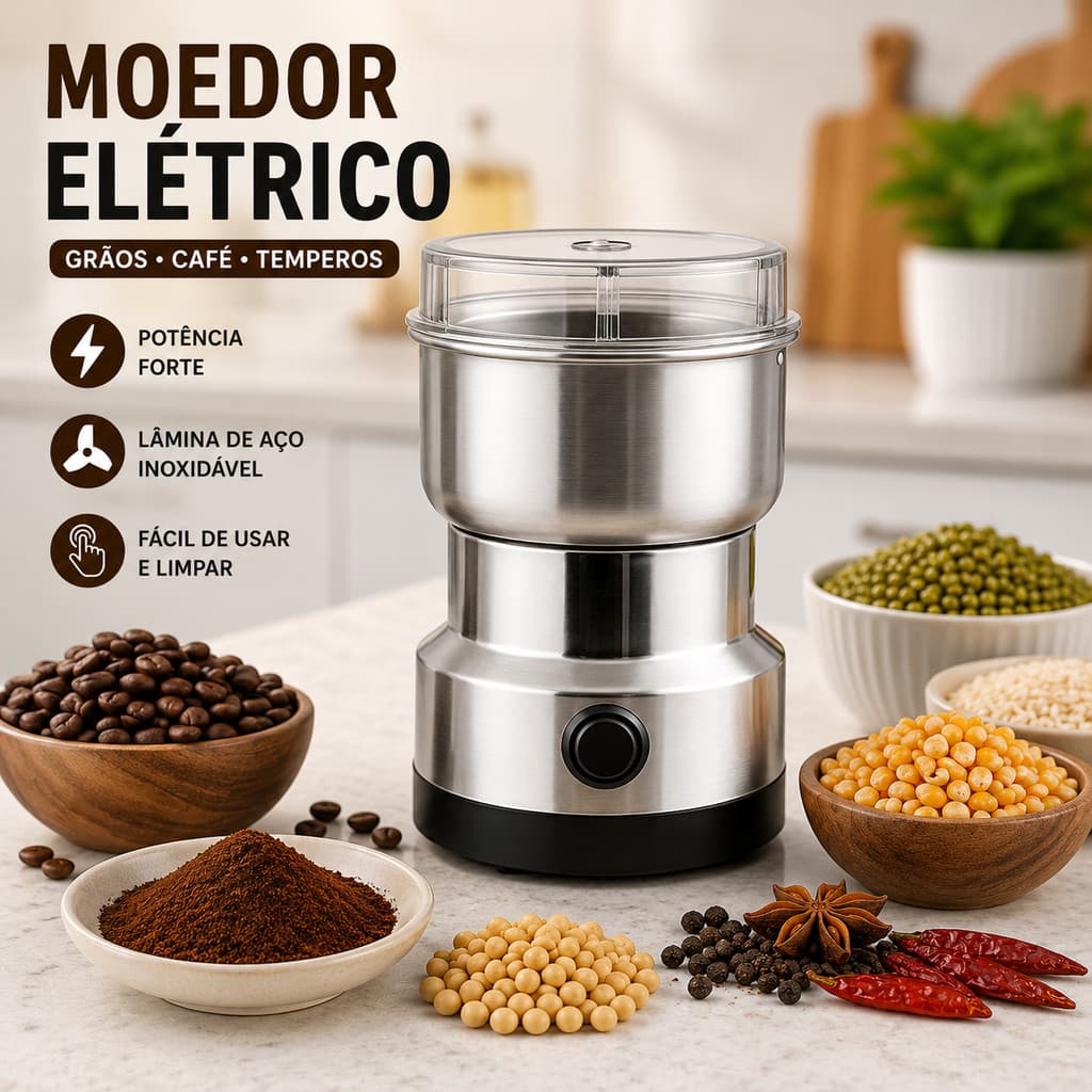 Moedor Multifuncional de Café 110V com Design em Aço Inoxidável 4 Lâminas