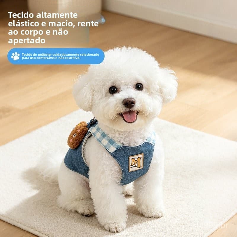 Coleira com guia para cães pequenos, conjunto de guia e chapéu estilo colete de jeans fofo para passeio de cães, guia pa