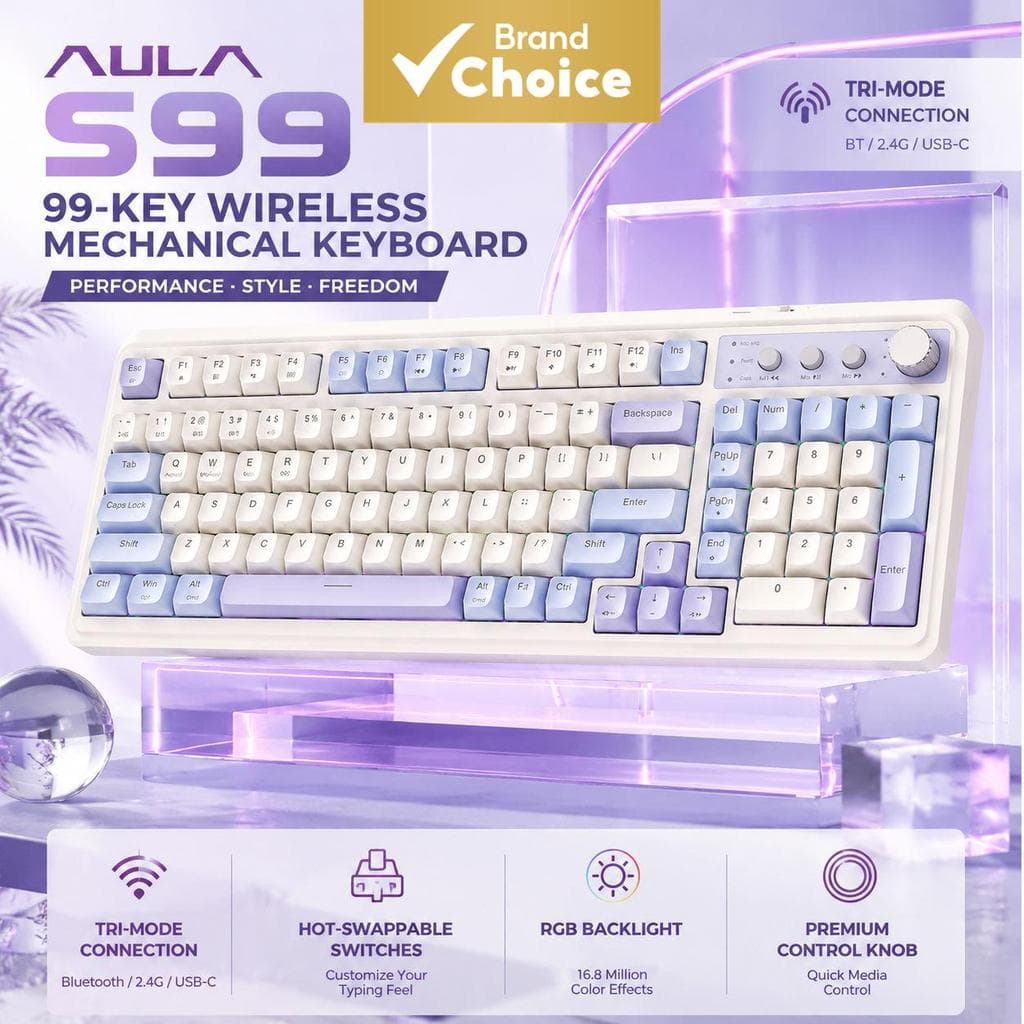 Teclado Mecânico Silencioso AULA S99 Tri-Modo, Membrana RGB 99 Teclas, Bluetooth 2.4G, Com Fio, Ergonômico para Jogos,