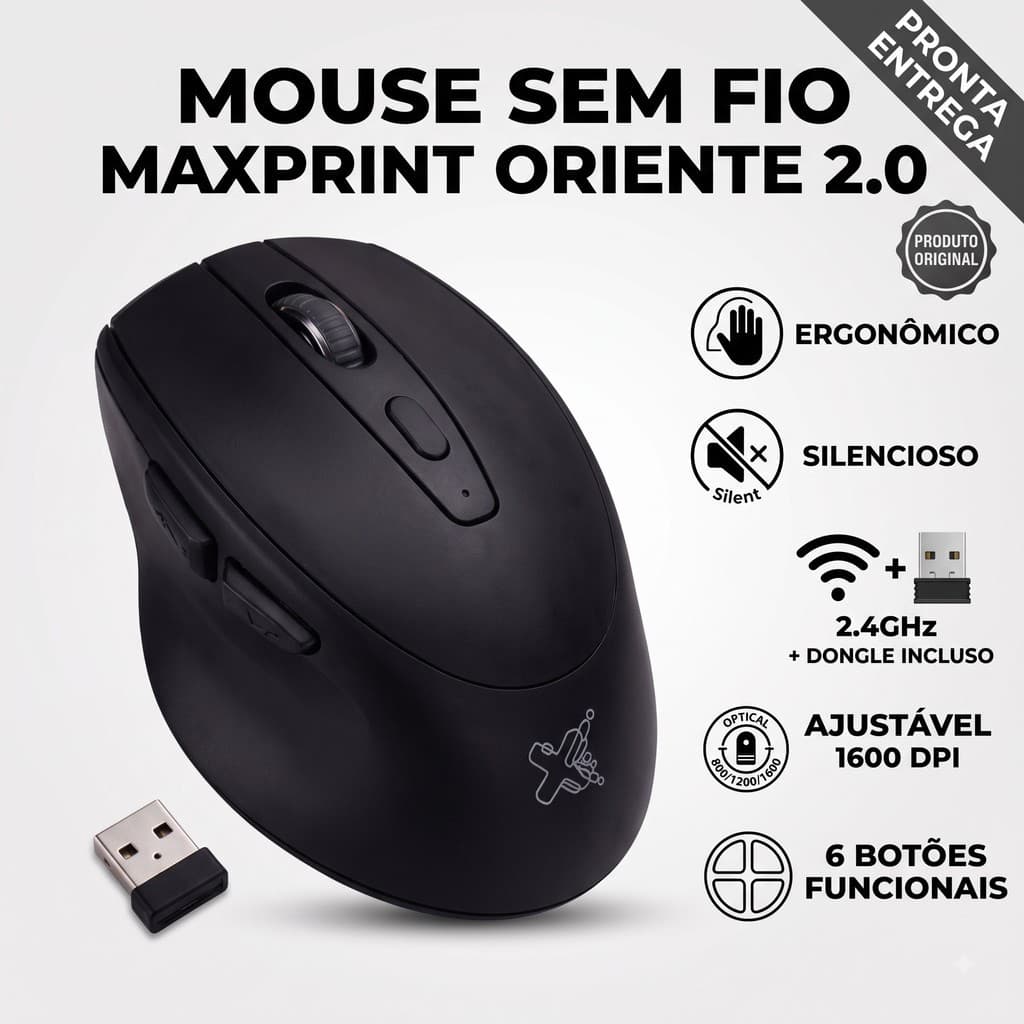 Mouse sem fio All Black Oriente Ergonômico com adaptador USB 2.0
