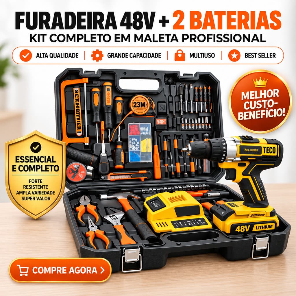 Parafusadeira Furadeira 48V Sem Fio Profissional com 2 Baterias Inclusas Kit Completo