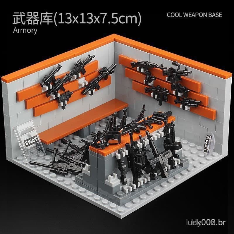 Novo produto em estoque: blocos de montar compatíveis com Lego, base militar, suporte para exibição de armas, biblioteca