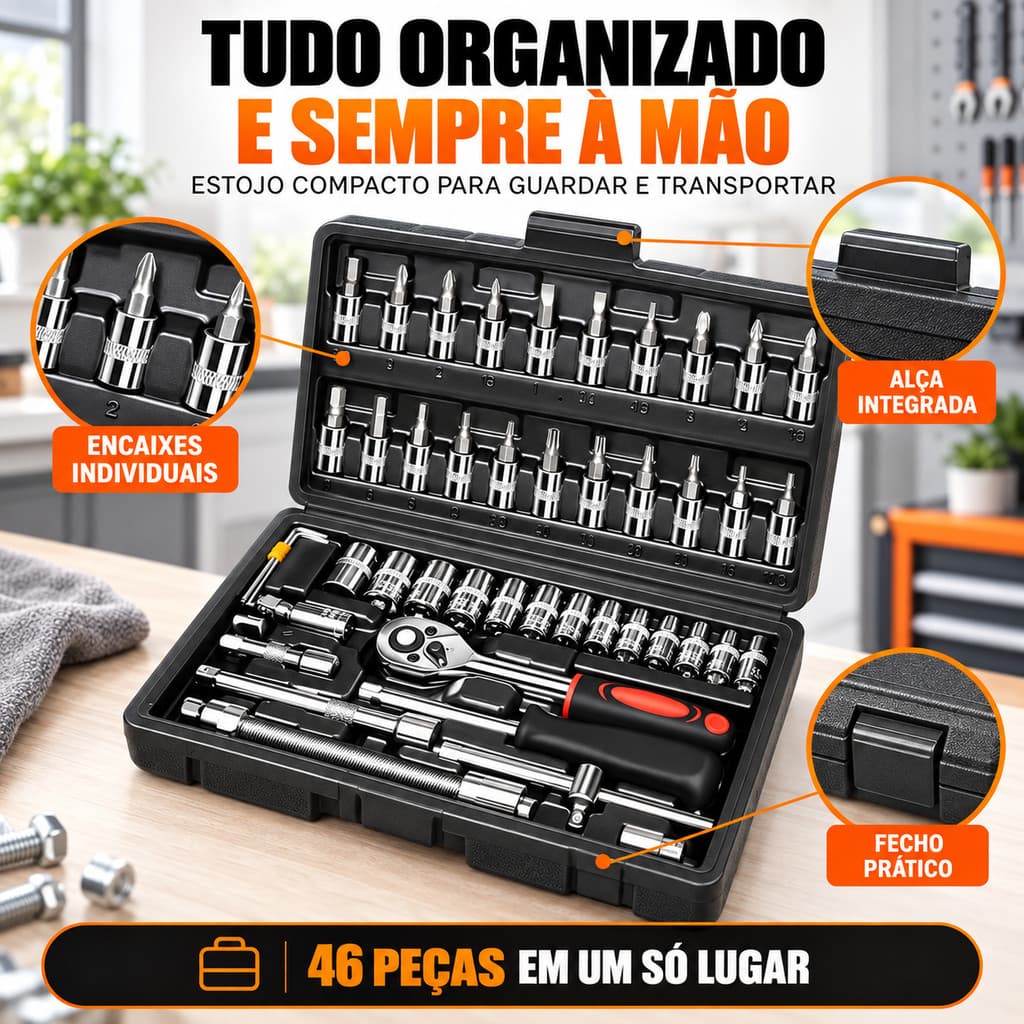 Kit Ferramentas Completo 46 Peças Chave Catraca Reversível Soquetes com Maleta Uso Doméstico Profissional