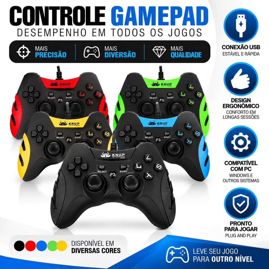 Controle de video game com Fio 2 em 1 Knup KP-4040 para PC e PS3 com Vibração Dual Shock USB