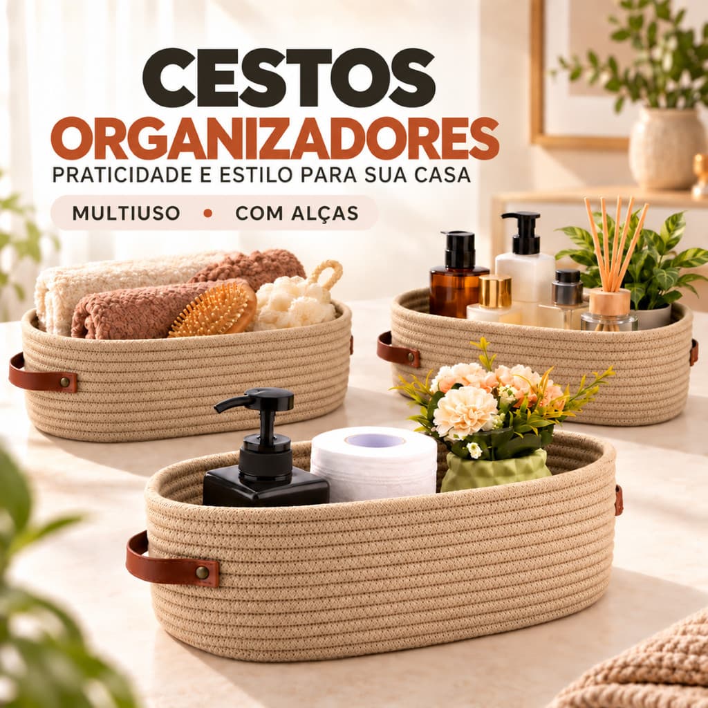 Cestos Organizadores de Corda Trançada com Alças Multiuso para Banheiro, Quarto e Sala