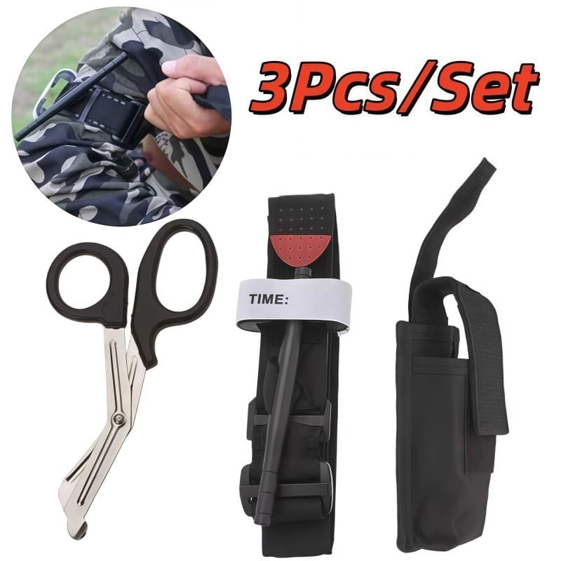 Kit Primeiros Socorros Torniquete Tático + Tesoura Trauma Sem Ponta para Montanhismo Treinamento Militar