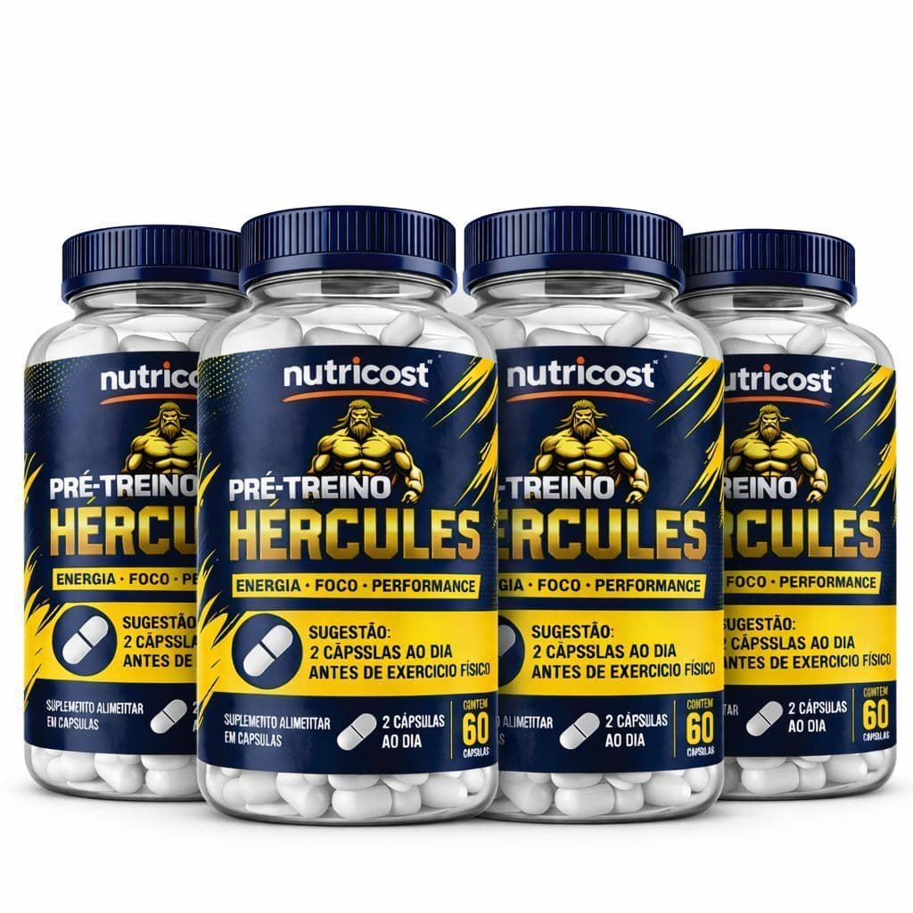 4 Pré-Treino Hercules I 60 Cápsulas Energia e Foco 500mg I Suplemento Natural