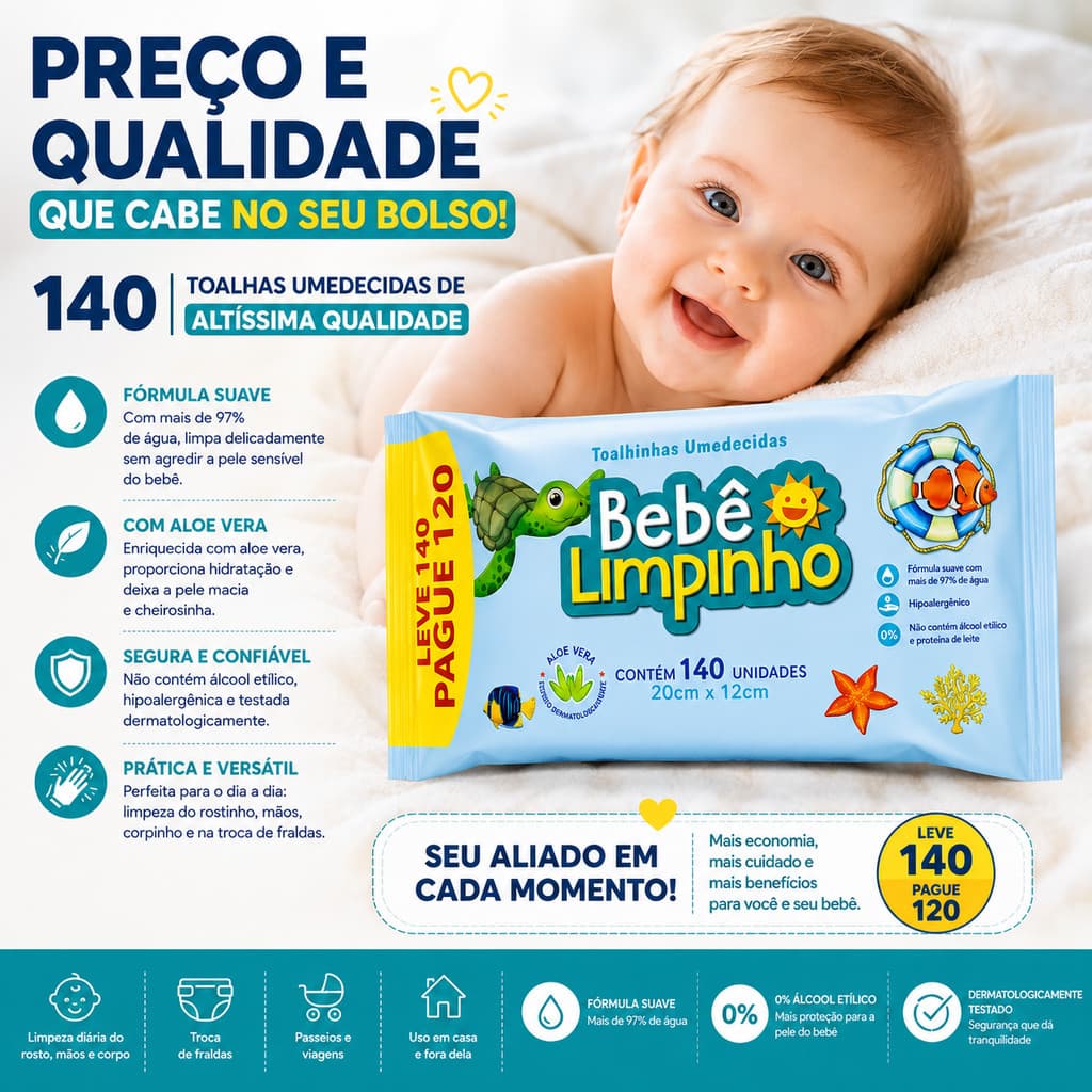 kit 1400 Toalhas Lenco Umedecidas Bebê Limpinho Atacado