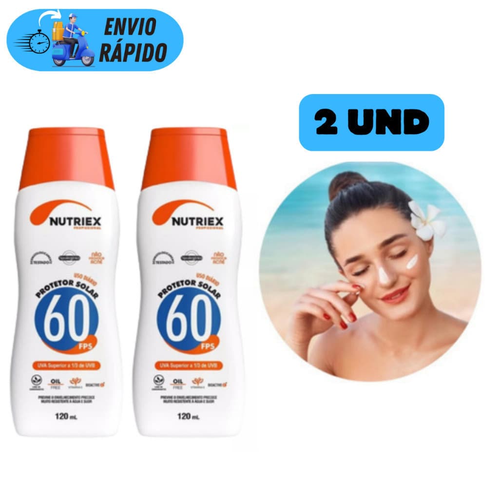KIT 2 PROTETOR SOLAR FPS 60 NUTRIEX 120ml BLOQUEADOR SOLAR NÃO OLEOSO RESISTENTE A ÁGUA
