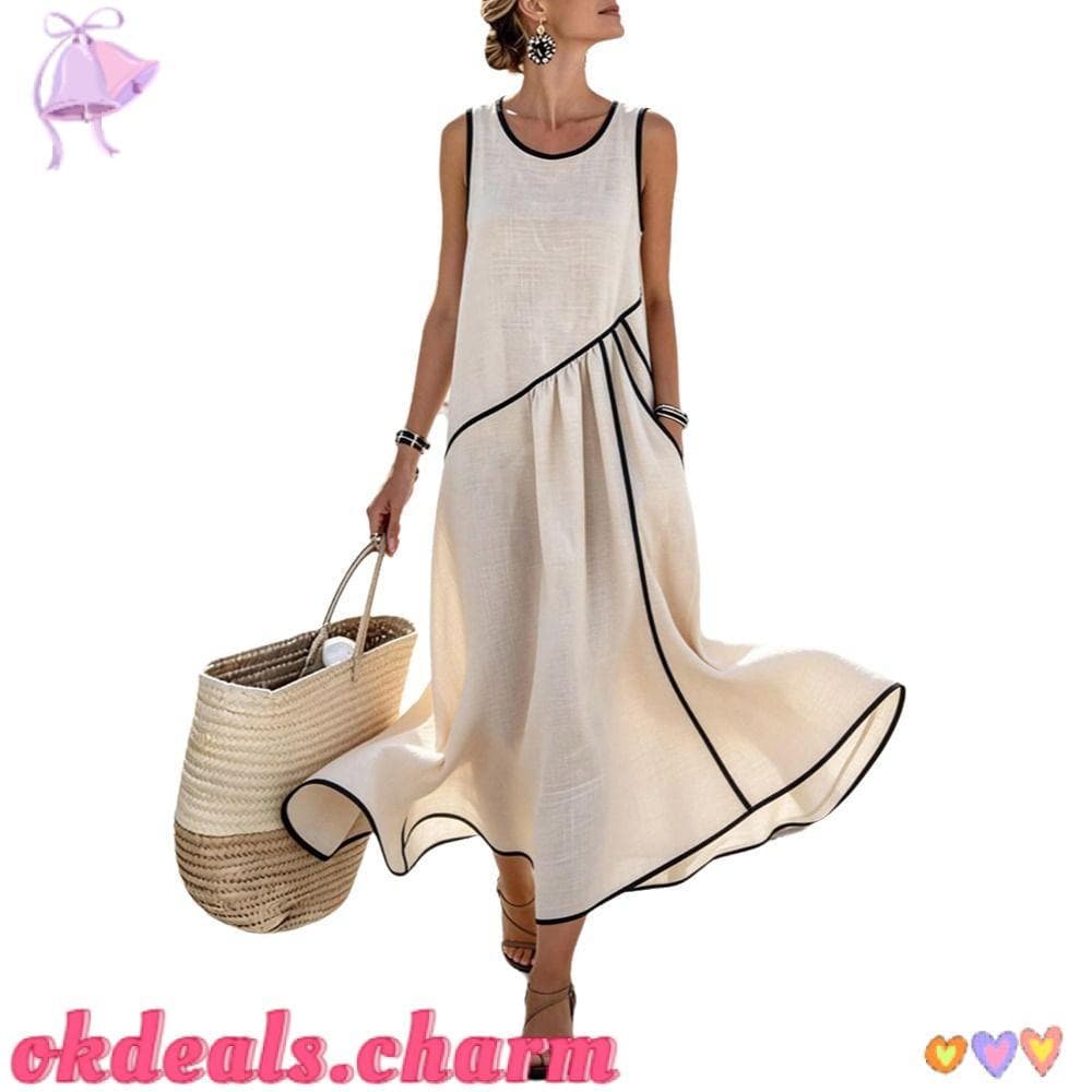 OKDEALS Vestidos Femininos Listrados , Com Bolsos Sem Manga Vestido Midi , Formais De Damasco Decote Em V