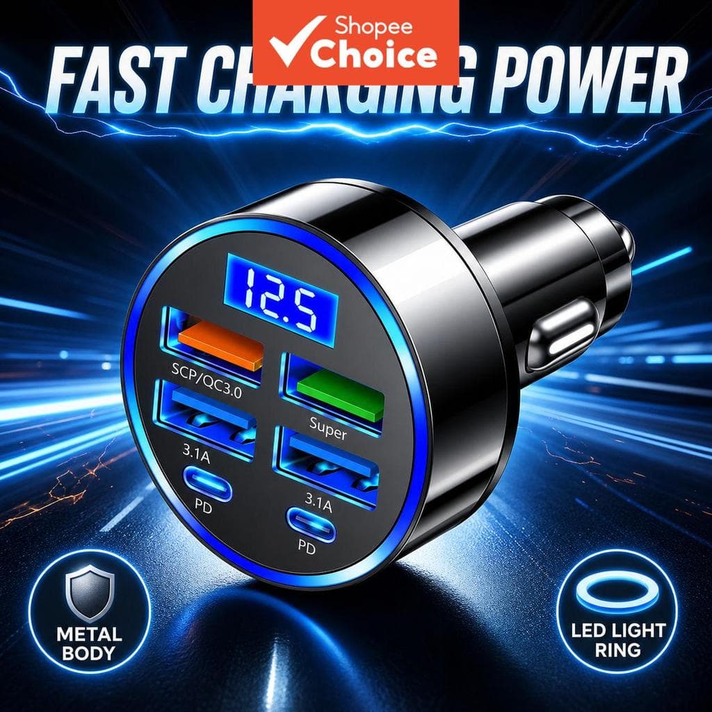 Novo Carregador Veicular 4USB QC3.0 PD Tipo-C com Display Digital, Carregador de Carro 3.1A com Detecção de Tensão e