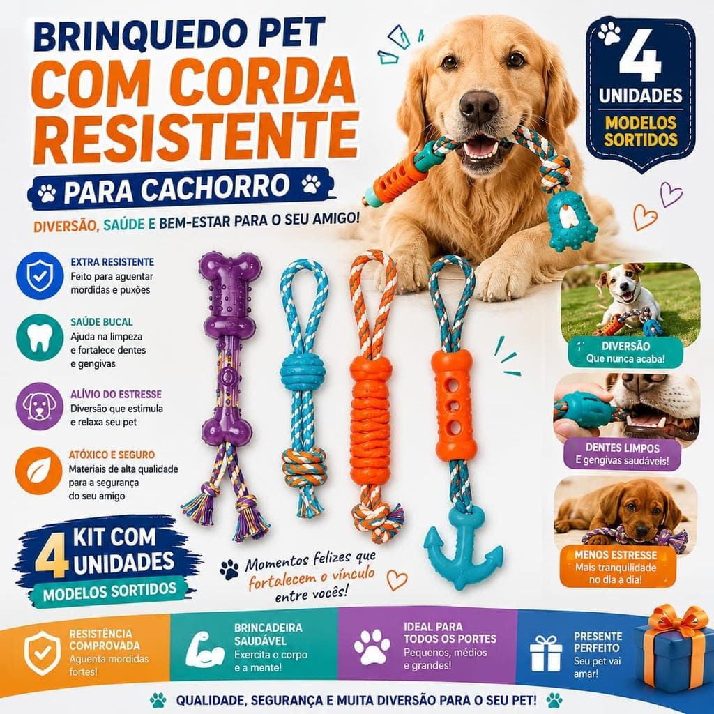 BRINQUEDO PARA CACHORRO COM CORDA RESISTENTE PARA CACHORRO - 4UN