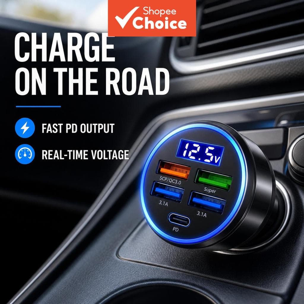 Carregador veicular C5 PD QC3.0 USB Tipo-C com carregamento rápido, 5 portas e display digital de voltagem para iPhone e