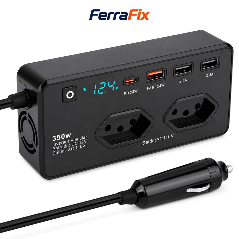 Inversor Veicular 12V para 110V 350W com Tomada Brasileira, USB PD Carregador Rápido e Display Digital para Carro