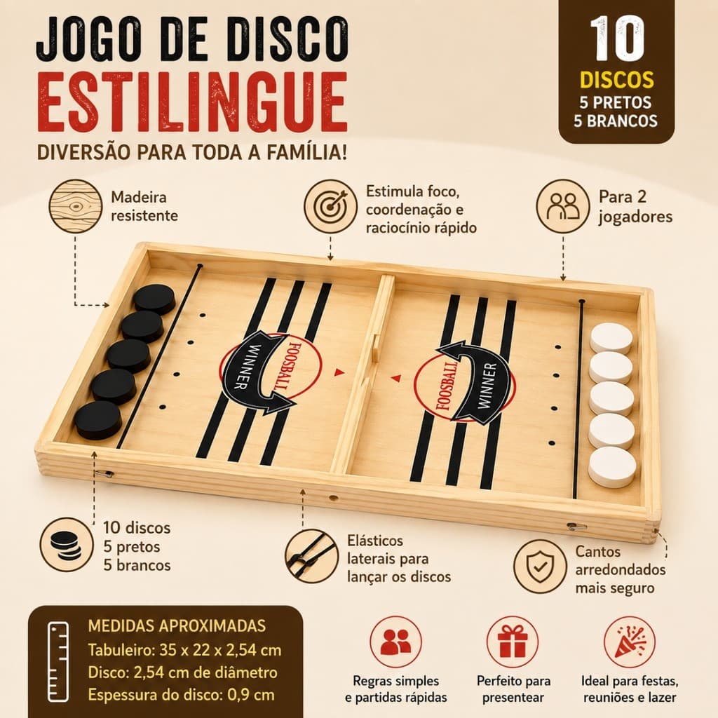 Jogo De Disco Estilingue Tabuleiro de Madeira 35x22cm - Jogo do Chute, Futebol, Diversão Em Família e Crianças