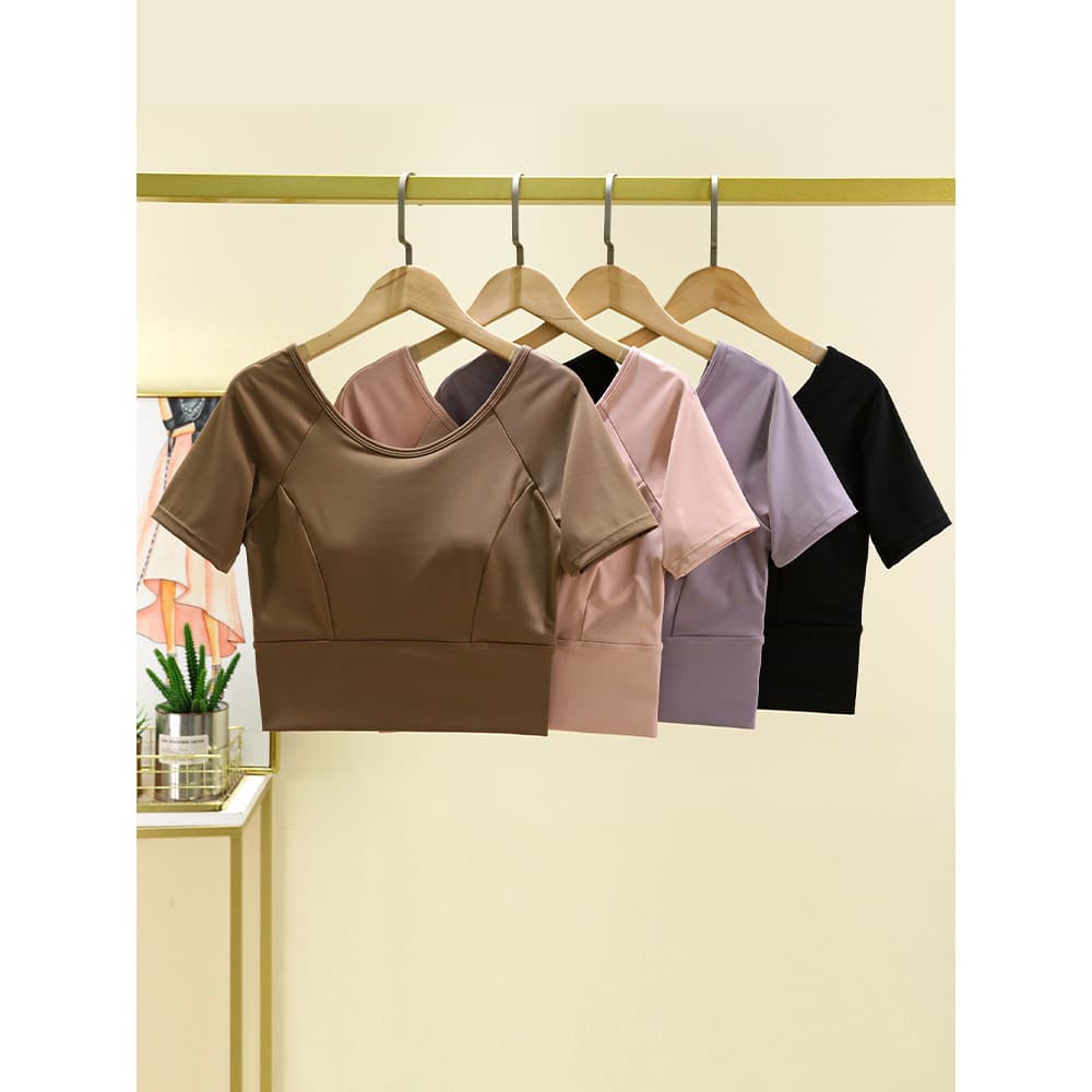 Nu roupas de Yoga femininas verão novo estilo High-End gaze cruz bela volta Pilates roupas de Fitness de manga curta top