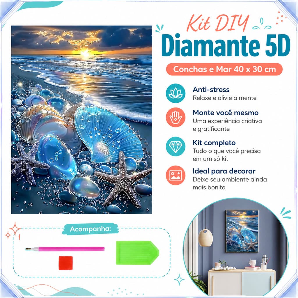 Kit Pintura Diamante 5D Concha Estrela‑do‑Mar Paisagem Marítima DIY Relaxante Decoração Parede Casa