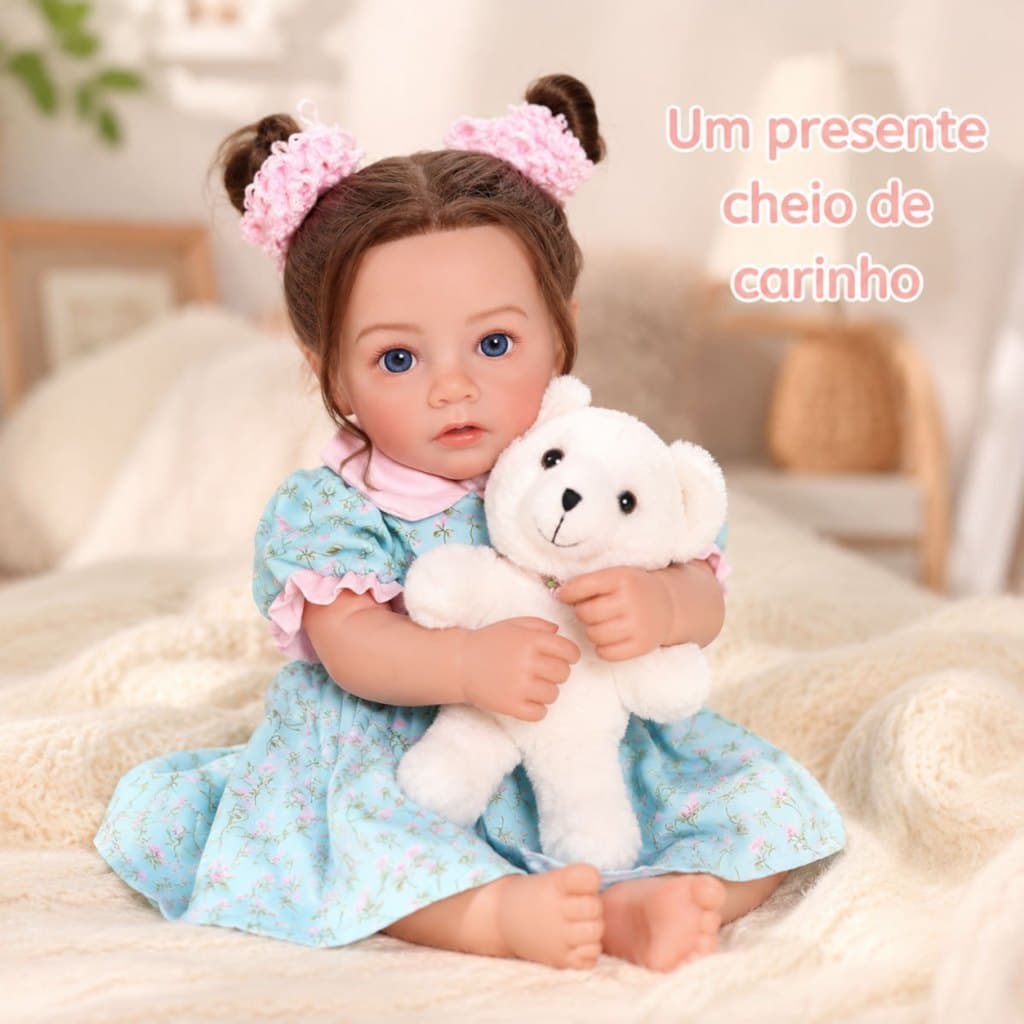 Bebê Reborn Realista - Boneca de Silicone com Olhos Azuis e Roupa Floral - Toque Suave e Corpo Articulado - Presente Inf