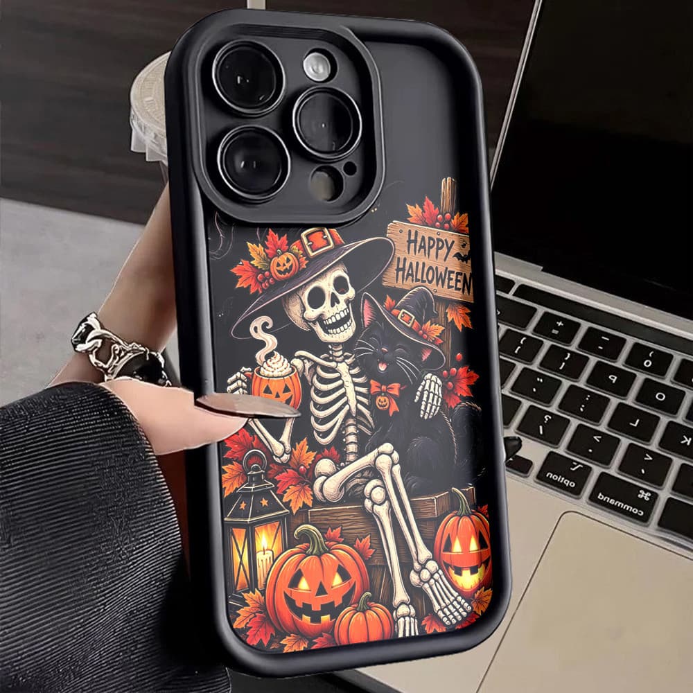 Capinha De Celular Para IPhone XR 11 12 13 14 15 16 17 Pro Max Plus Halloween Caveira E Abóbora Silicone Macio