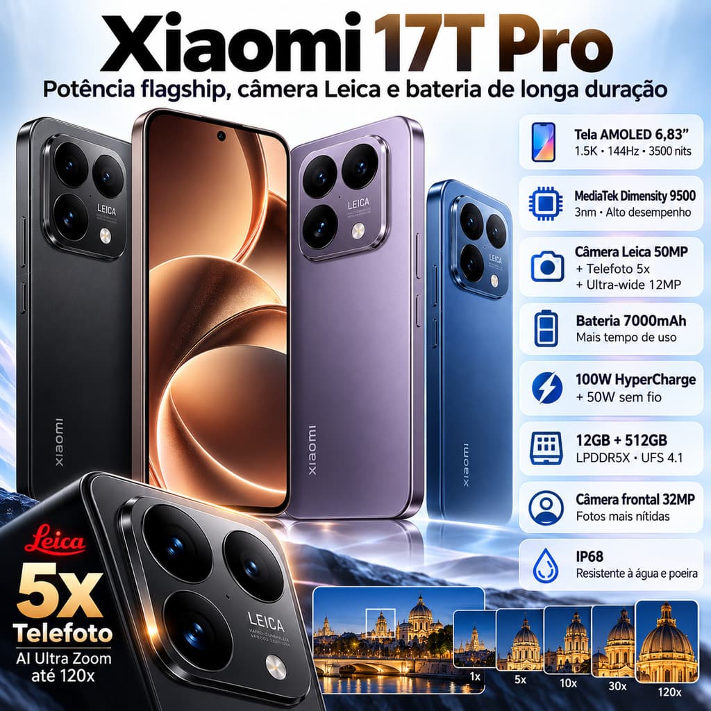 Smartphone Xiaomi 17T Pro 12GB 512GB Tela 6,83" AMOLED 144Hz Leica 50MP Bateria 7000mAh 100W HyperCharge IP68