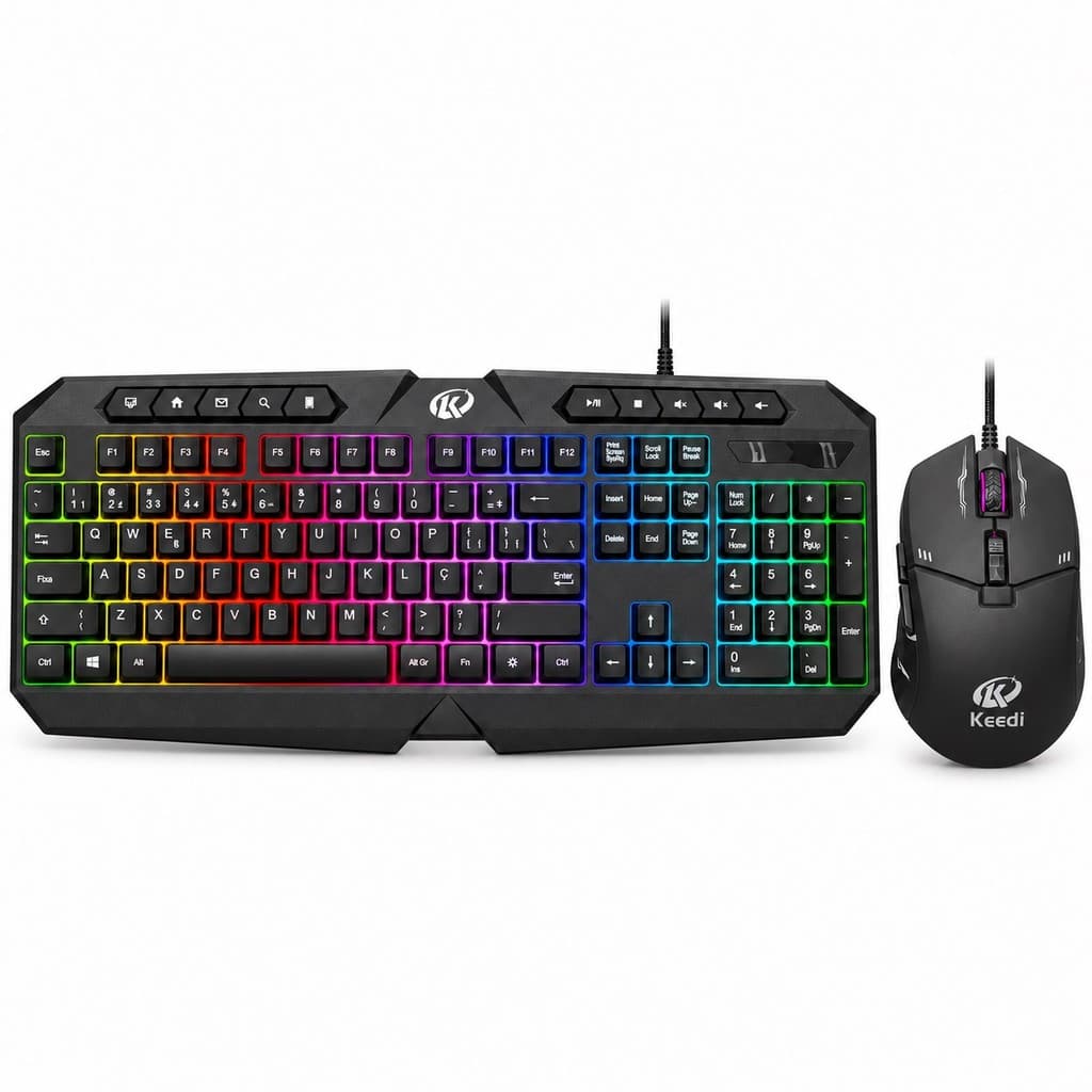 Kit Teclado e Mouse Gamer RGB ABNT2 USB com Fio Multimídia 3600 DPI 6 Botões PC Notebook Keedi TEC801