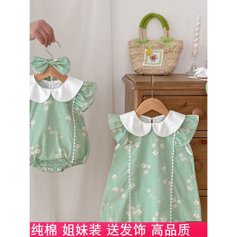 24 verão bebê menina boneca gola renda macacão menina A linha vestido irmãs roupas de bebê roupas de bebê