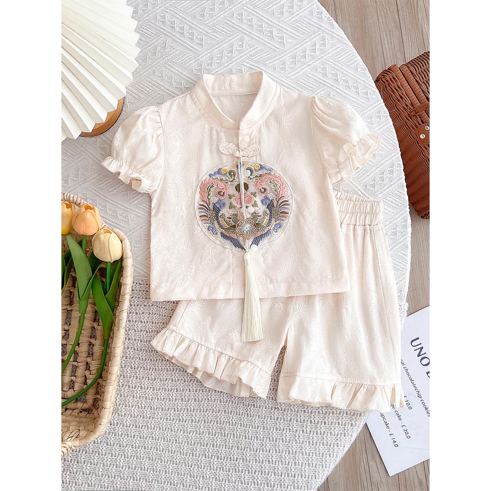 Bebê menina verão terno menina verão terno de duas peças estilo chinês roupas de bebê verão vestido de um ano