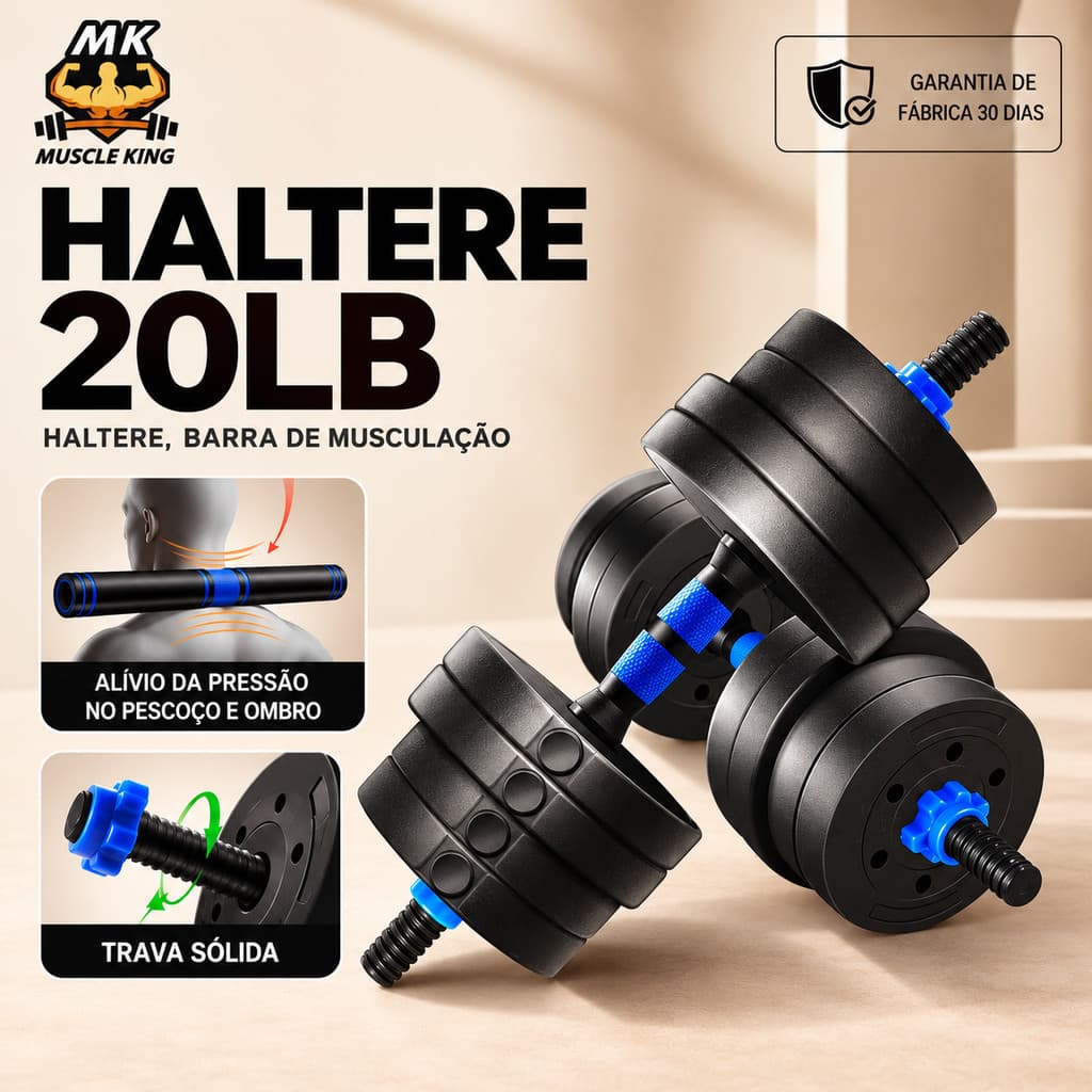 Muscle King Kit Halteres Ajustáveis com Anilhas e Barra para Musculação Academia e Treino em Casa
