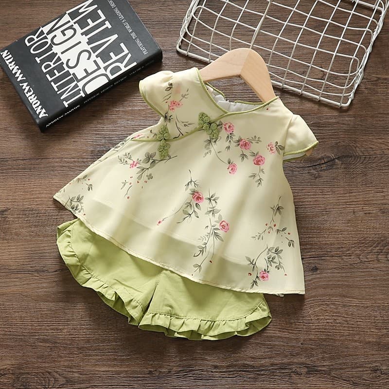 Bebê menina roupas de verão 1 menina estilo Retro terno verão 3 anos de idade bebê menina moda Tang terno crianças verão