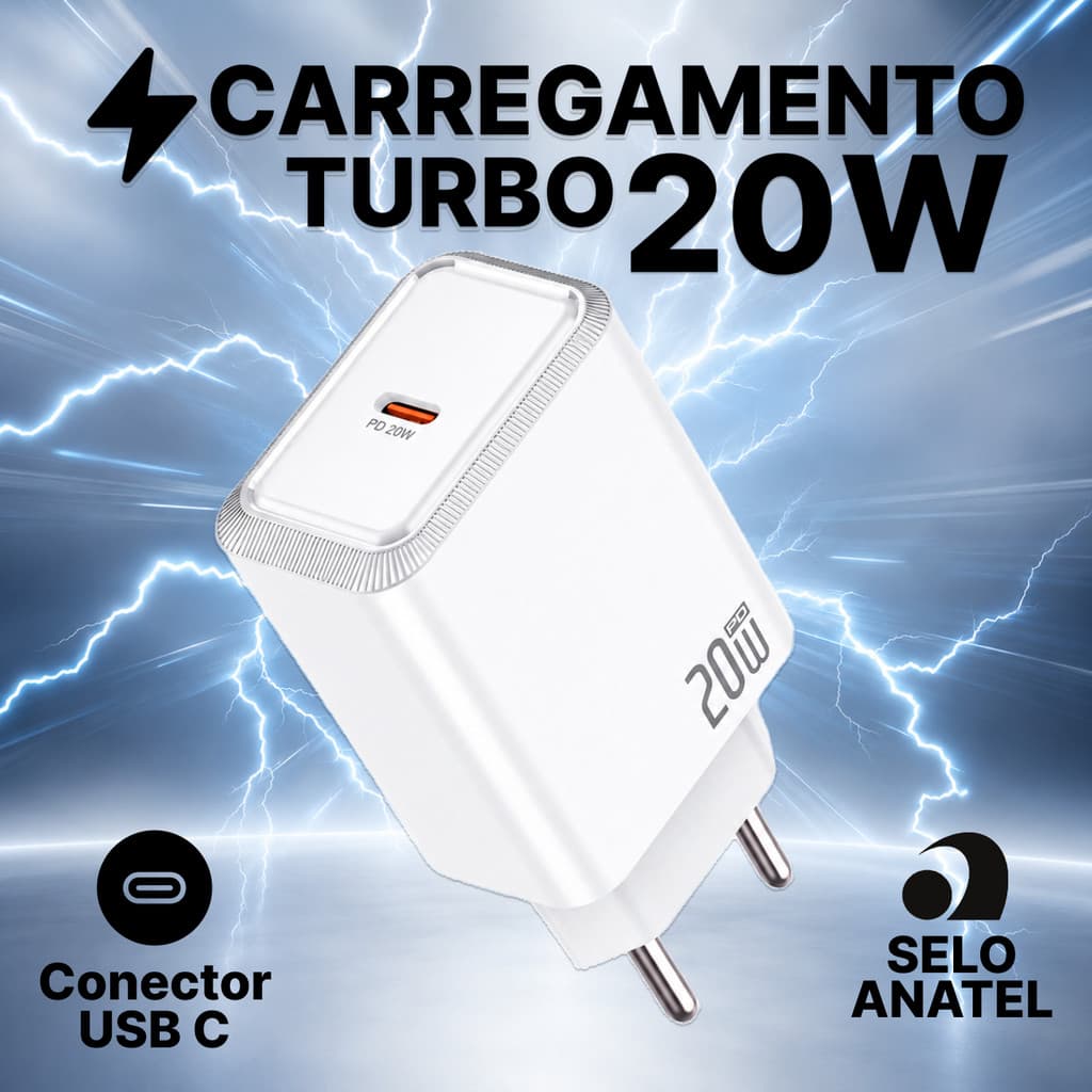 Fonte Carregador Turbo 20W Tipo C PD Rápido Homologado Anatel USB-C para Celular e iPhones