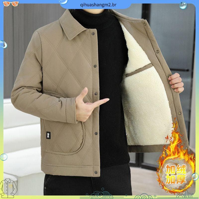Jaqueta masculina de lã com lapela e lã quente losango losango inverno espessada jaqueta acolchoada de algodão jaqueta a