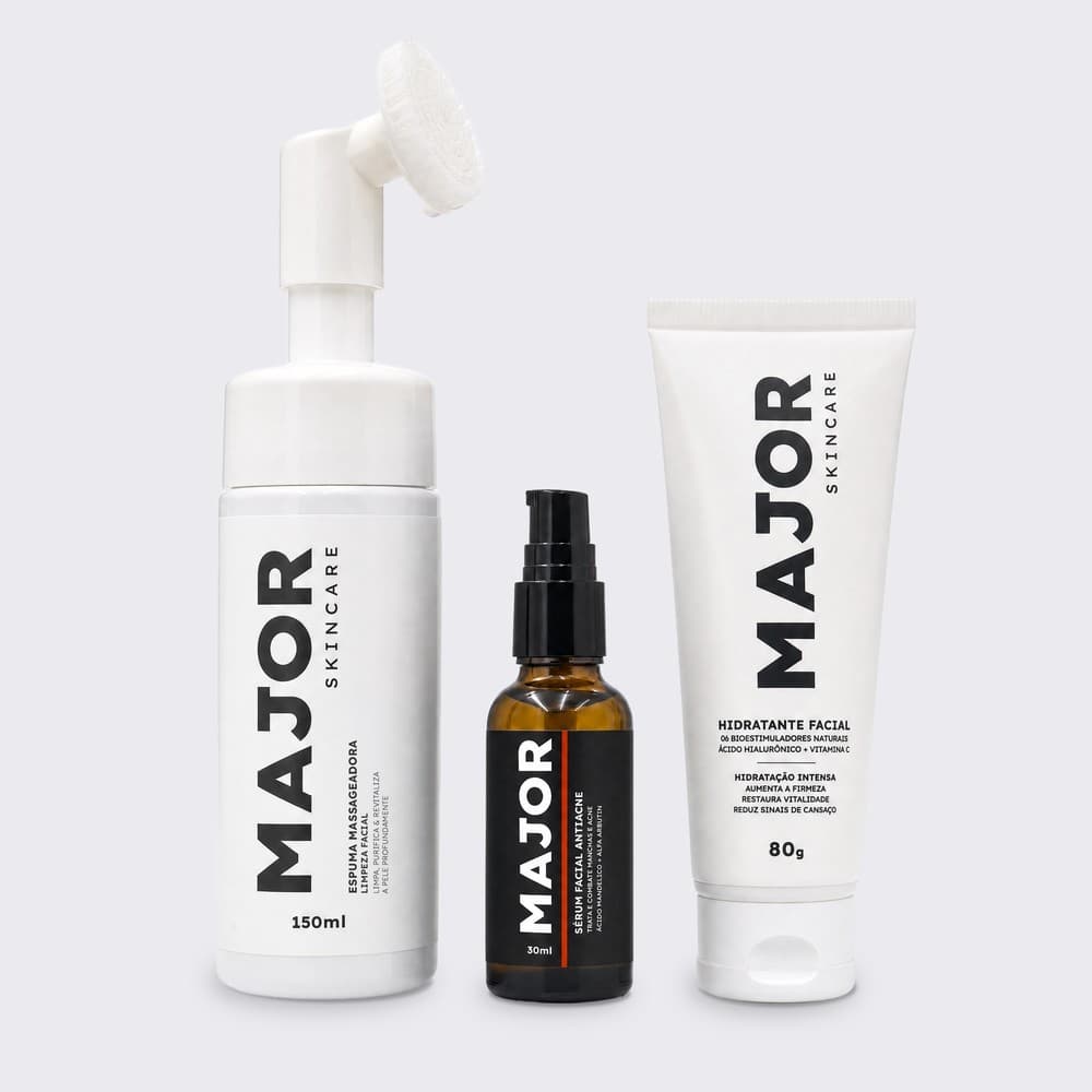 Kit Antiacne Espuma Massageadora + Sérum Ácido Mandélico Alfa Arbutin + Hidratante Ácido Hialurônico Vitamina C - Major