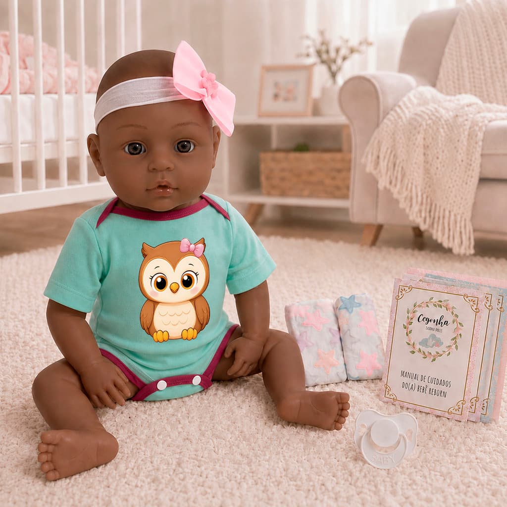 Boneca Reborn Negra Articulada Com Laço E Acessórios