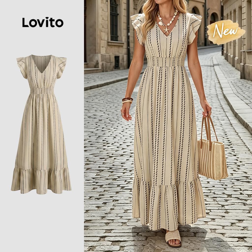 (New Arrival) Lovito Padrão de Vestido Elegante Estilo Francês Preguiçoso Vestido Feminino primavera/verão DRK8BR227
