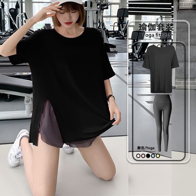Tamanho grande terno de Yoga solto feminino solto roupas de Fitness topo de manga curta roupas de secagem rápida esporte