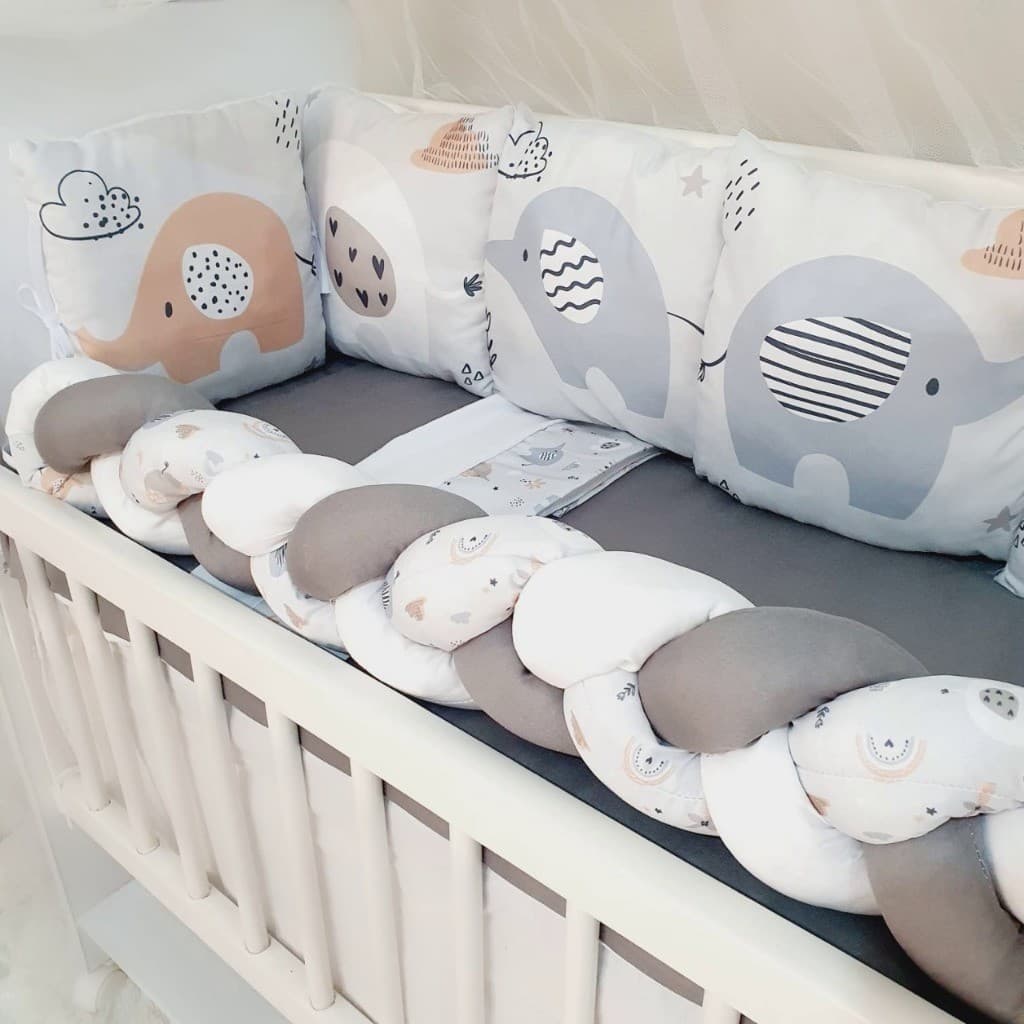 Kit Mini Berço com 12 peças + Saia de Berço Bebê Menino Elefantinho Cinza
