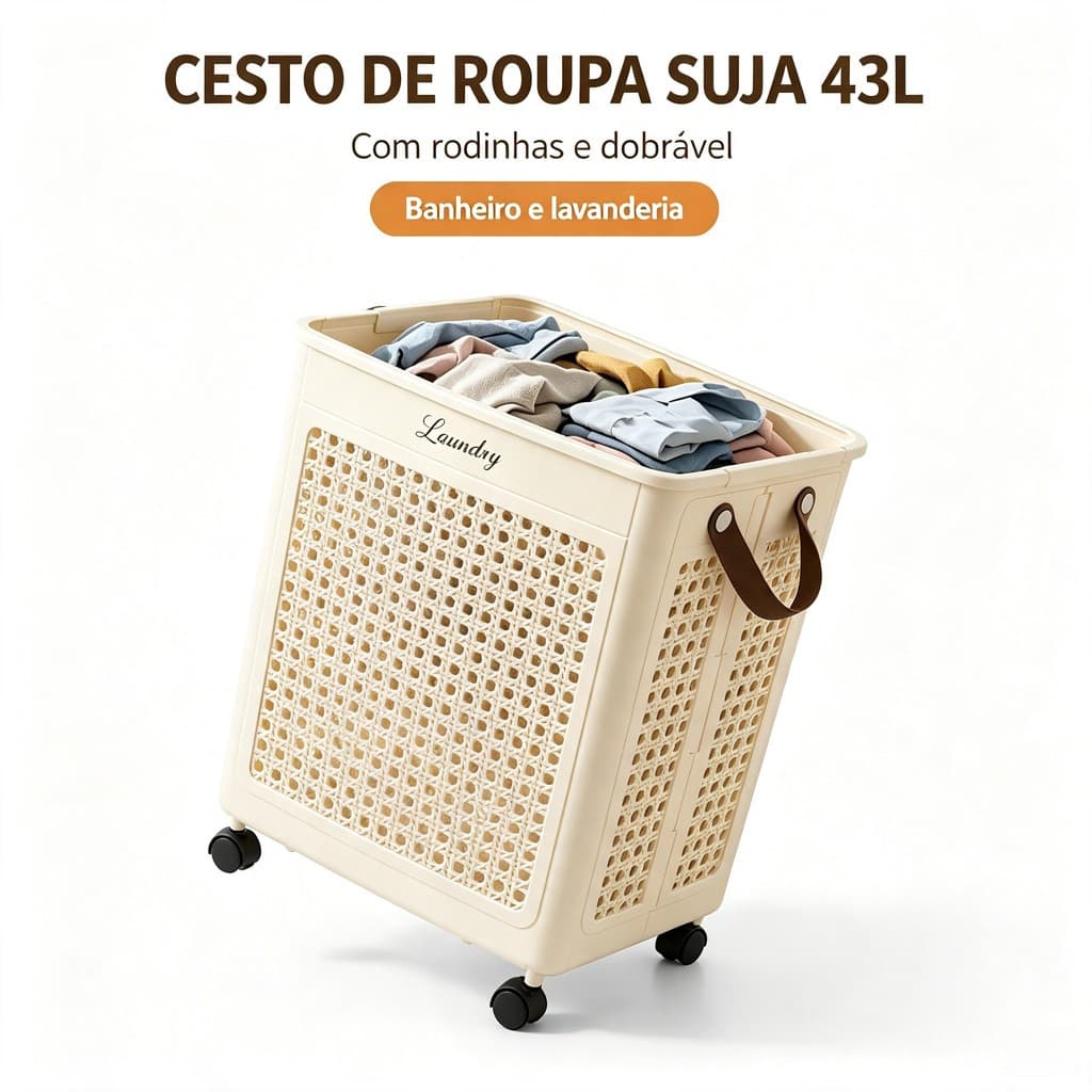 Cesto de Roupa Suja Dobrável 43L com Rodinhas Giratórias Cesto Organizador Respirável para Banheiro Quarto