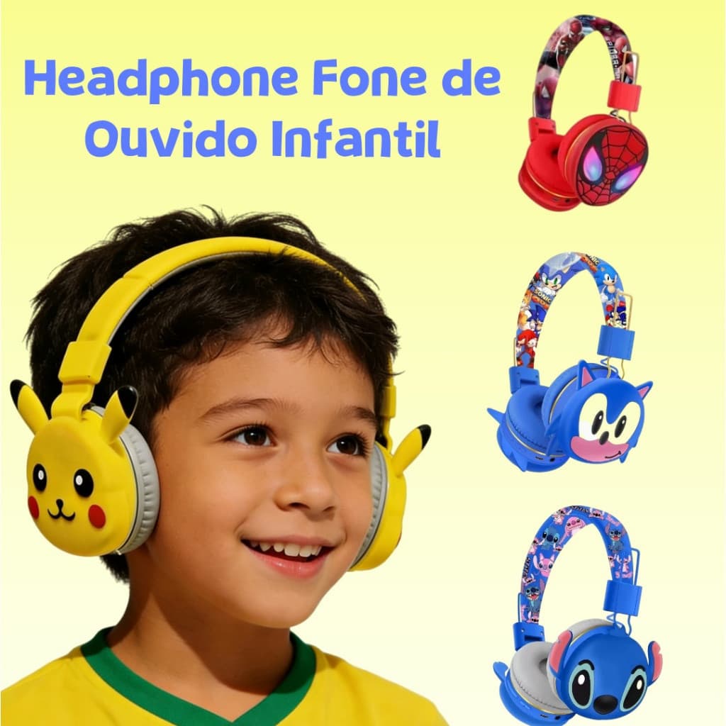 Fones de Ouvido Bluetooth para Crianças Pikachu Pokémon Sem Fio Ajustável Bluetooth 5.3 Estéreo de Alta Fidelidade